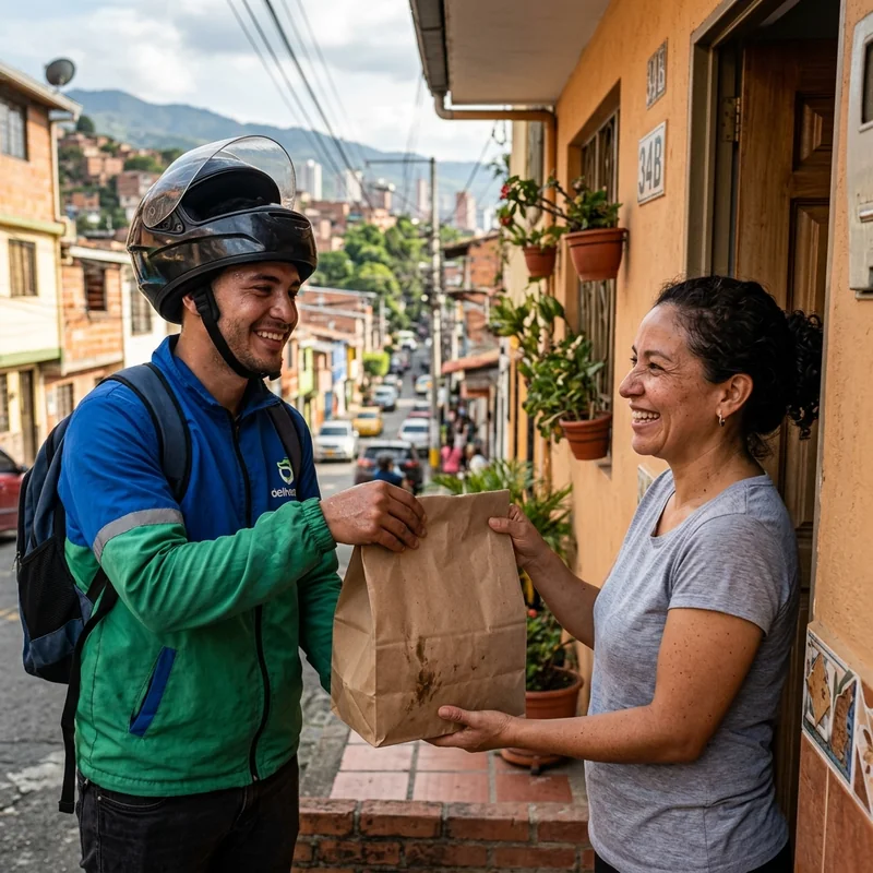 Repartidor local entregando pedidos de ofertas diarias en Manizales